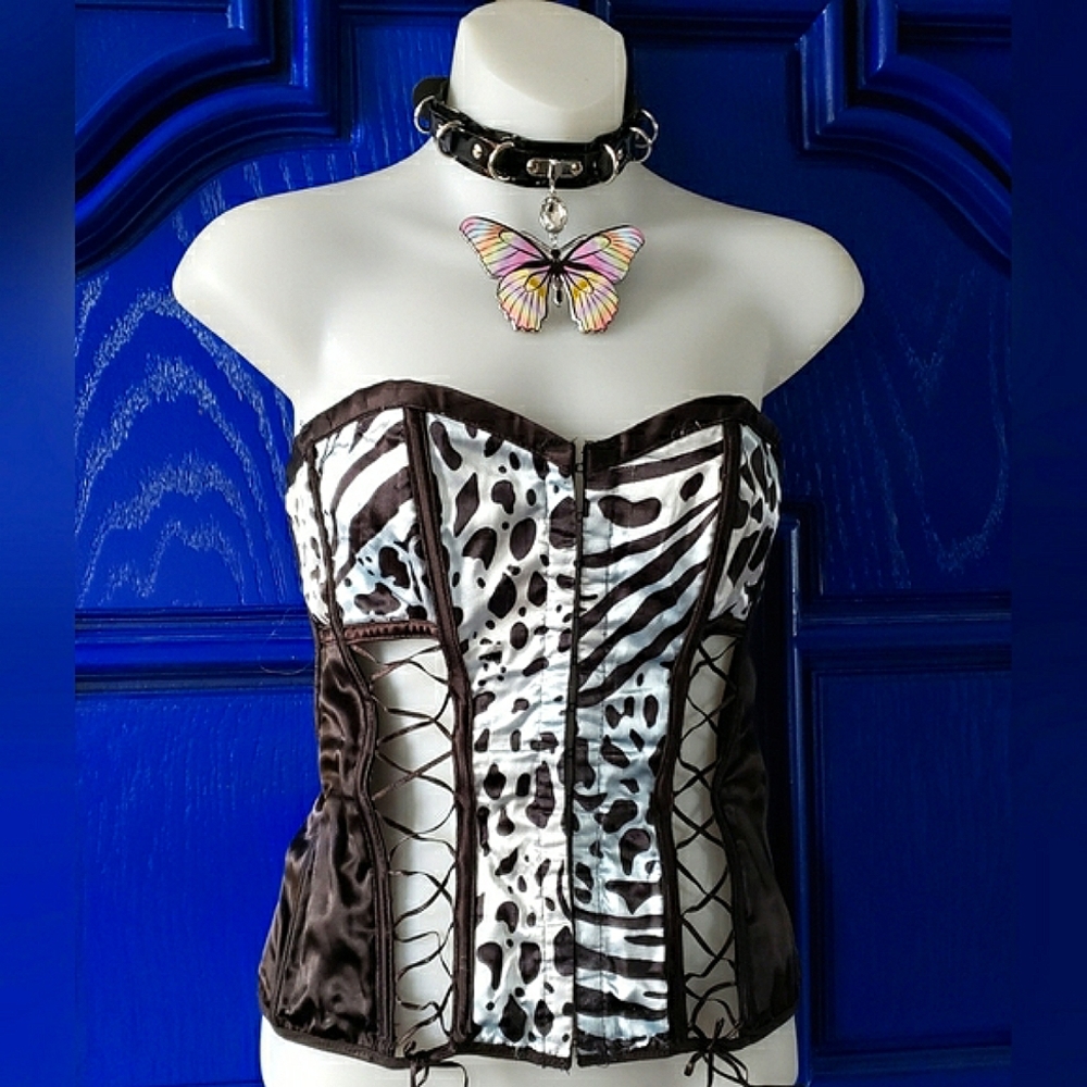 Y2K Vintage Blue Black Satin Strappy Spotted Animal Print Coset